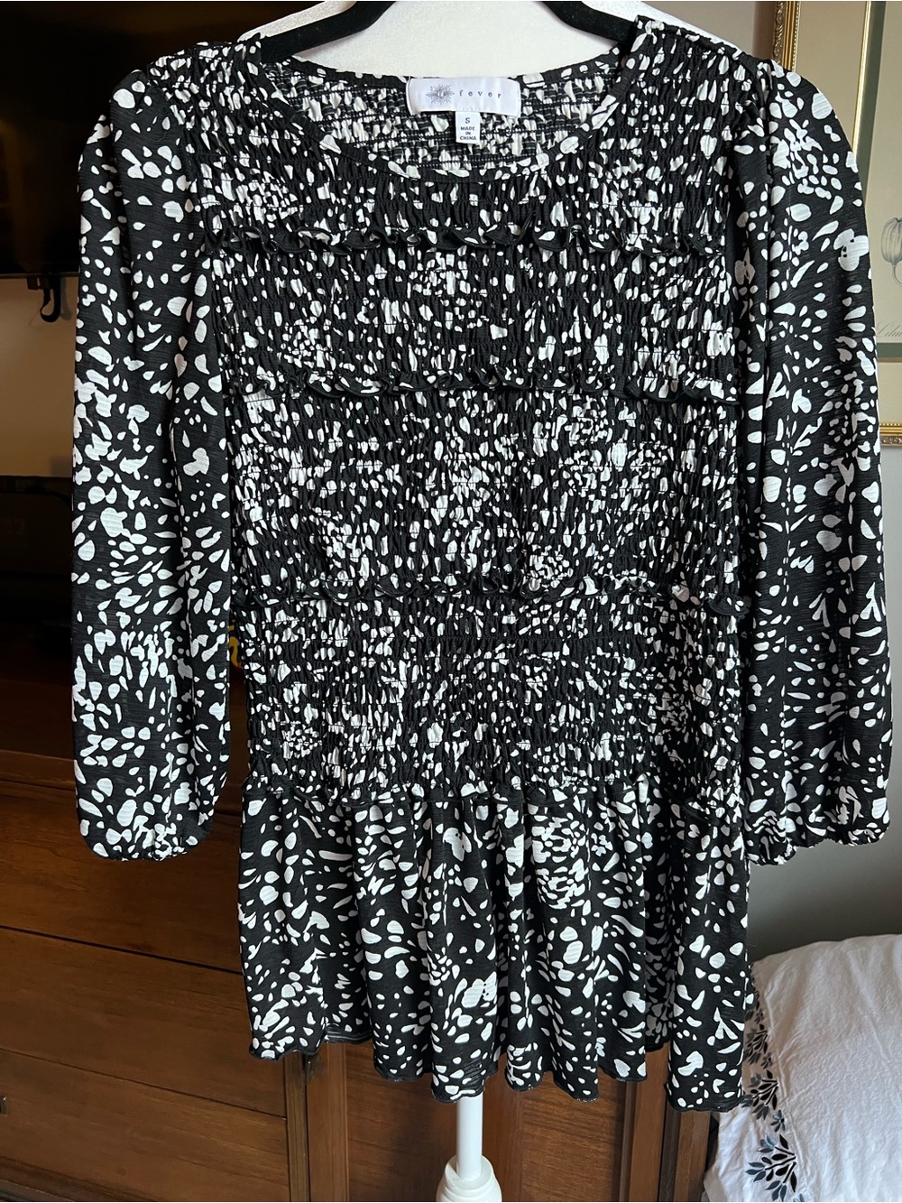 Fever Black and White Smocked Blouse